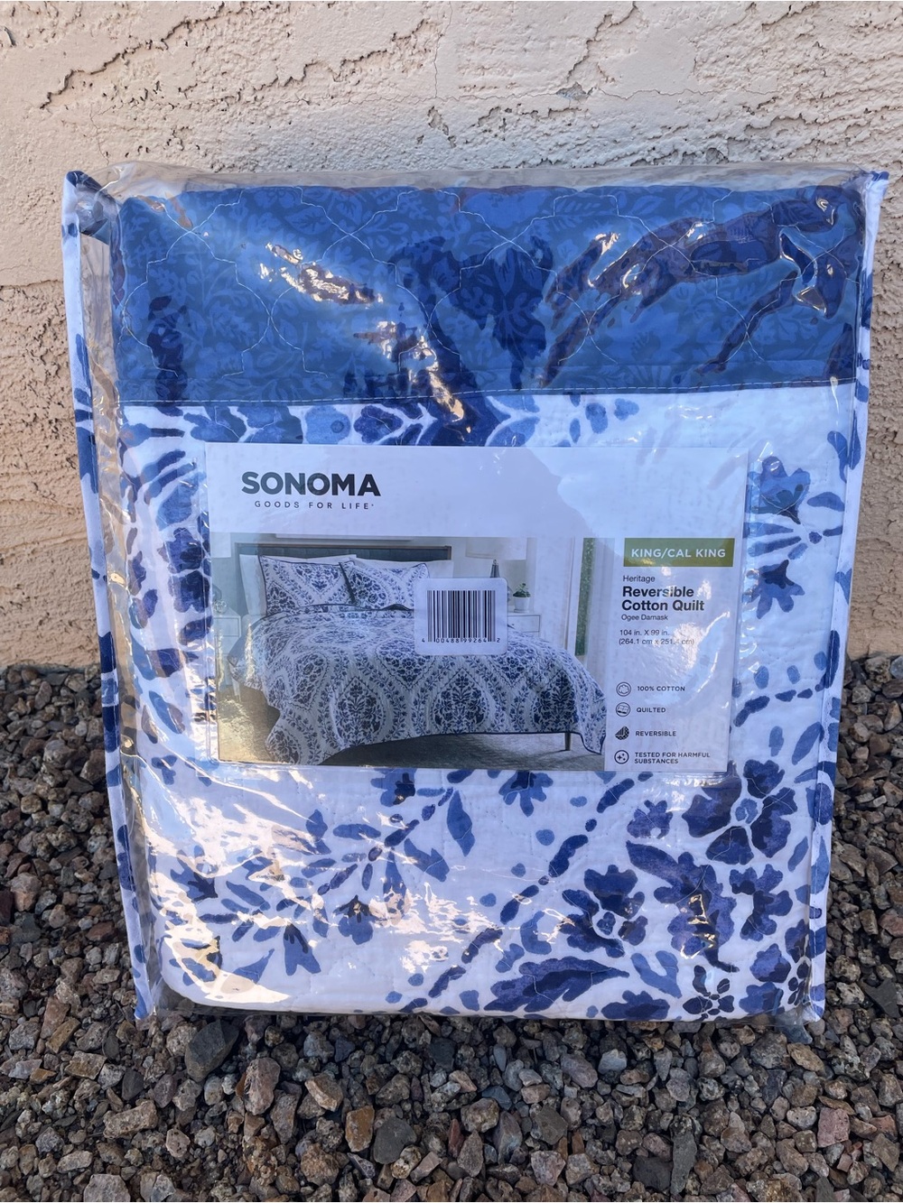 Sonoma Quilt Cal King Heritage Cotton Ogee Damask Reversible Blue White  New